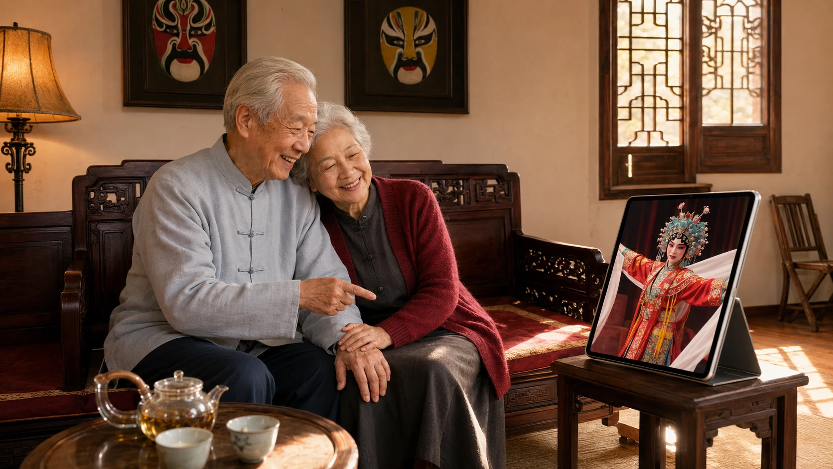 两位长者在家中使用平板欣赏戏曲